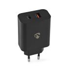 Nedis Duo Wall Charger, Quick Charge 3.0 USB-A, USB-C, Power Delivery 65 W, black