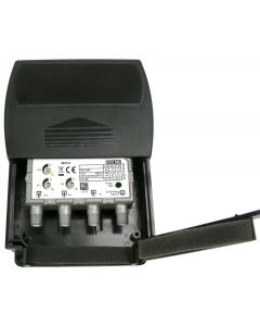 Televés 560121 UHF/VHF/FM mastovahvistin (28/17/13 dB) ja yhdyssuodin, automaattinen vahvistuksen säätö, 1 ulostulo, LTE700 & LTE800 suojattu, F-liittimet
