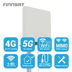 Finnsat FS1500 4G/5G/WiFi MIMO ympärisäteilevä antenni, 698-5000 MHz, 4-6 dBi, 2 ulostuloa