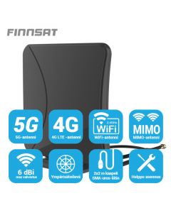 Finnsat FS1300 4G/5G MIMO ympärisäteilevä antenni, 698-3800 MHz, 4-6  > dBi, 2 m kaapelit SMA-liittimillä + TS9/SW9 uros sovittimet